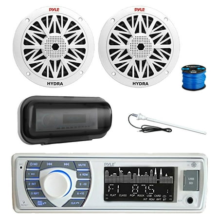Pyle PLRMR23BTW Single DIN Bluetooth Marine MP3 AM/FM Stereo Receiver, Radio Cover, 2x 6.5" 200 Watt Peak Full Range 2-Way Waterproof Audio Speakers w/Wire, Long Range Antenna