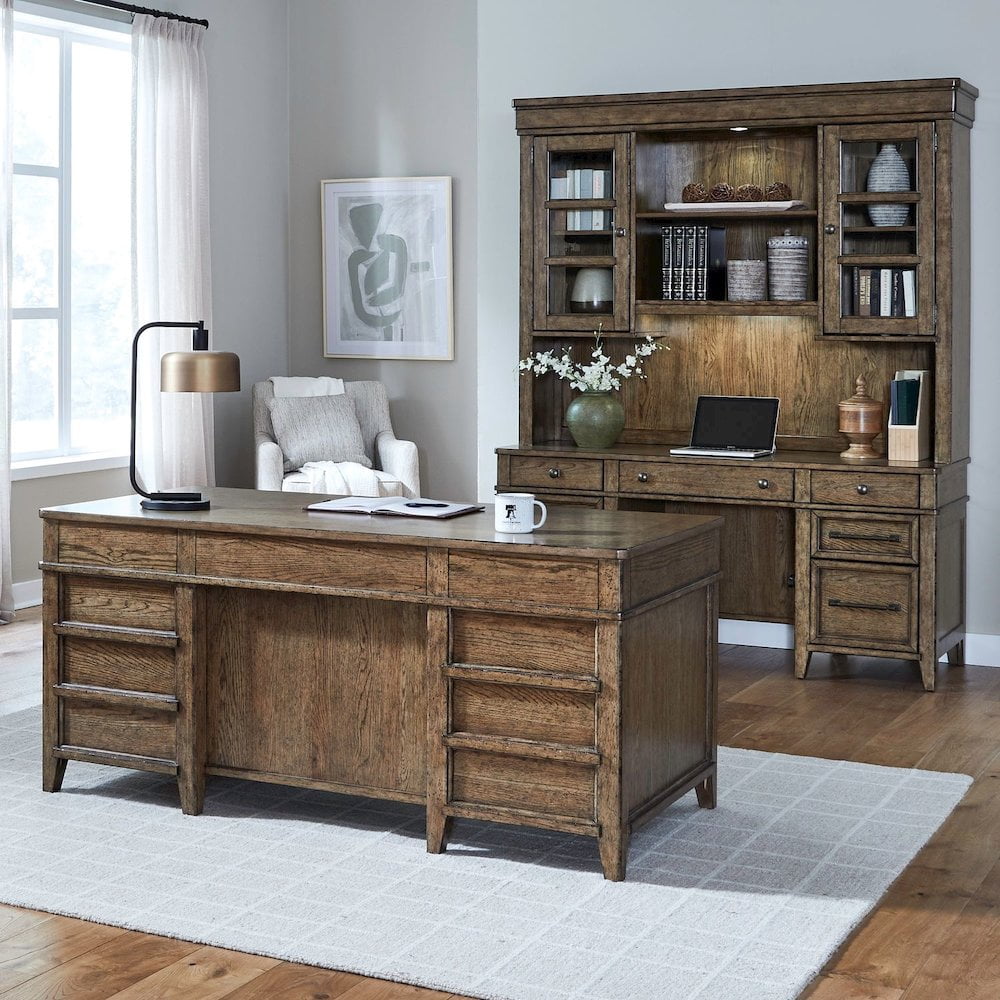Liberty Furniture 5 Piece Jr Executive Set with Desk, Credenza & Hutch- Amber Brown Oak Wood