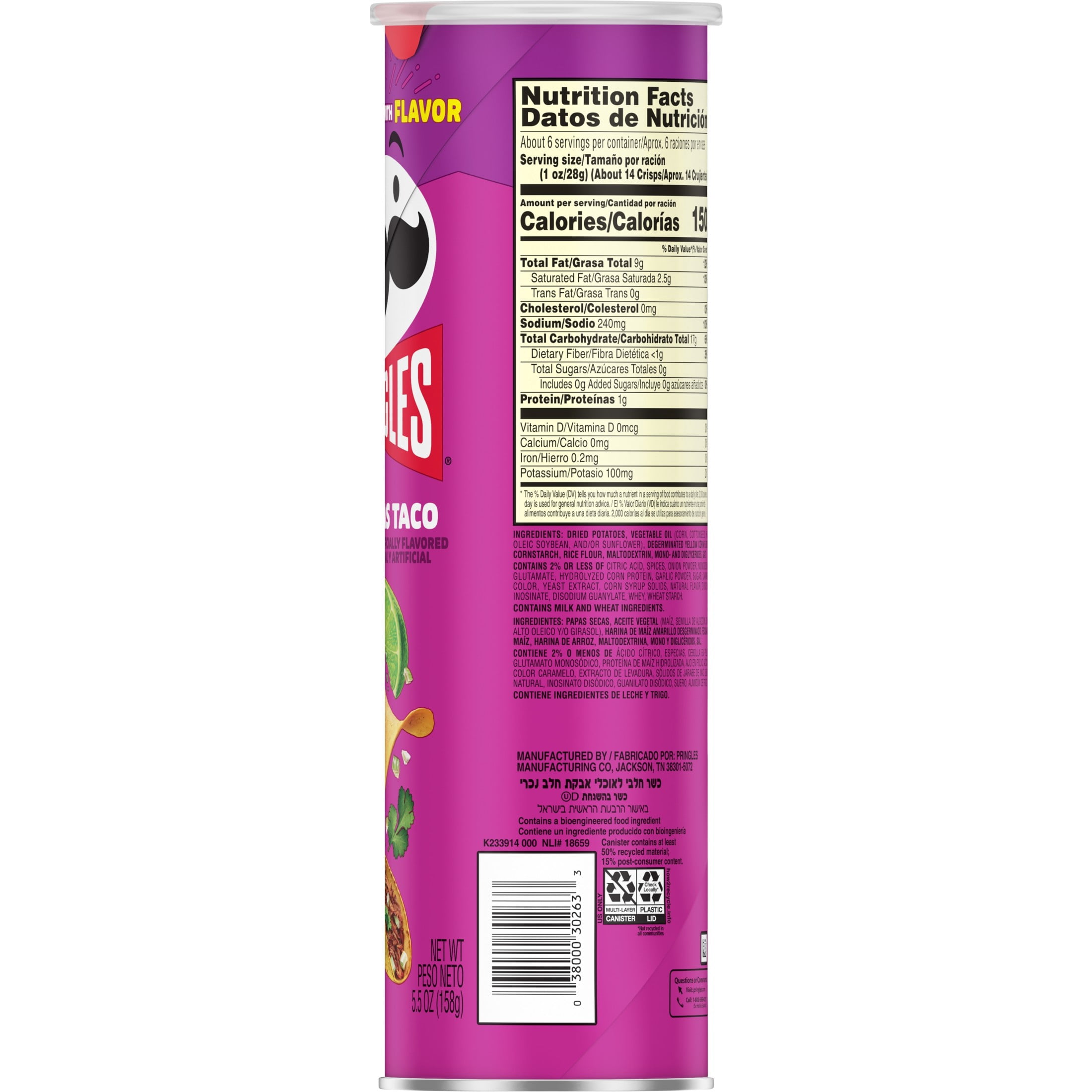 (14 pack) Pringles Carnitas Taco Potato Crisps Chips, Lunch Snacks, 5.5 oz Canister