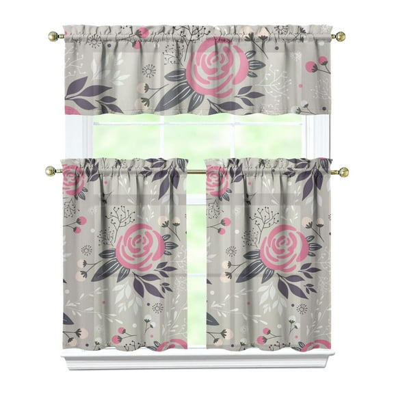 Pioneer Kitchen Curtains and Valance Set 36 Inch Tier Pink Flower Crown Peony 3 Pieces Set Dining Room Small Curtain Drapes Cafe Curtains Valance for Home Decor Rod Pocket