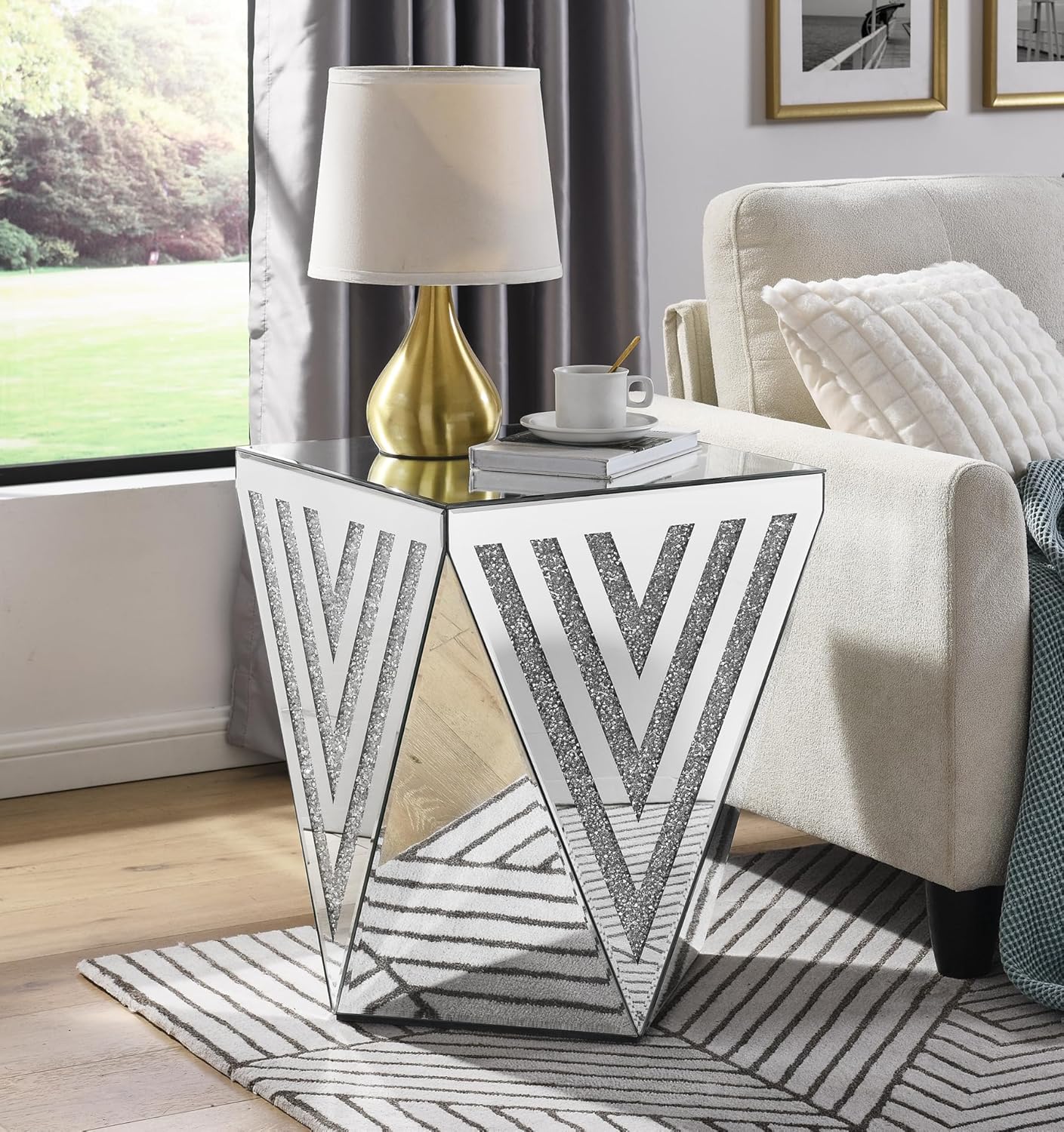 Crystal Mirrored Side Table, Living Room Side Table Sofa Side Table, Mid Century Modern Side Table Accent Table, Small End Table Bedside Table Mirrored Nightstand for Bedroom Corner Office