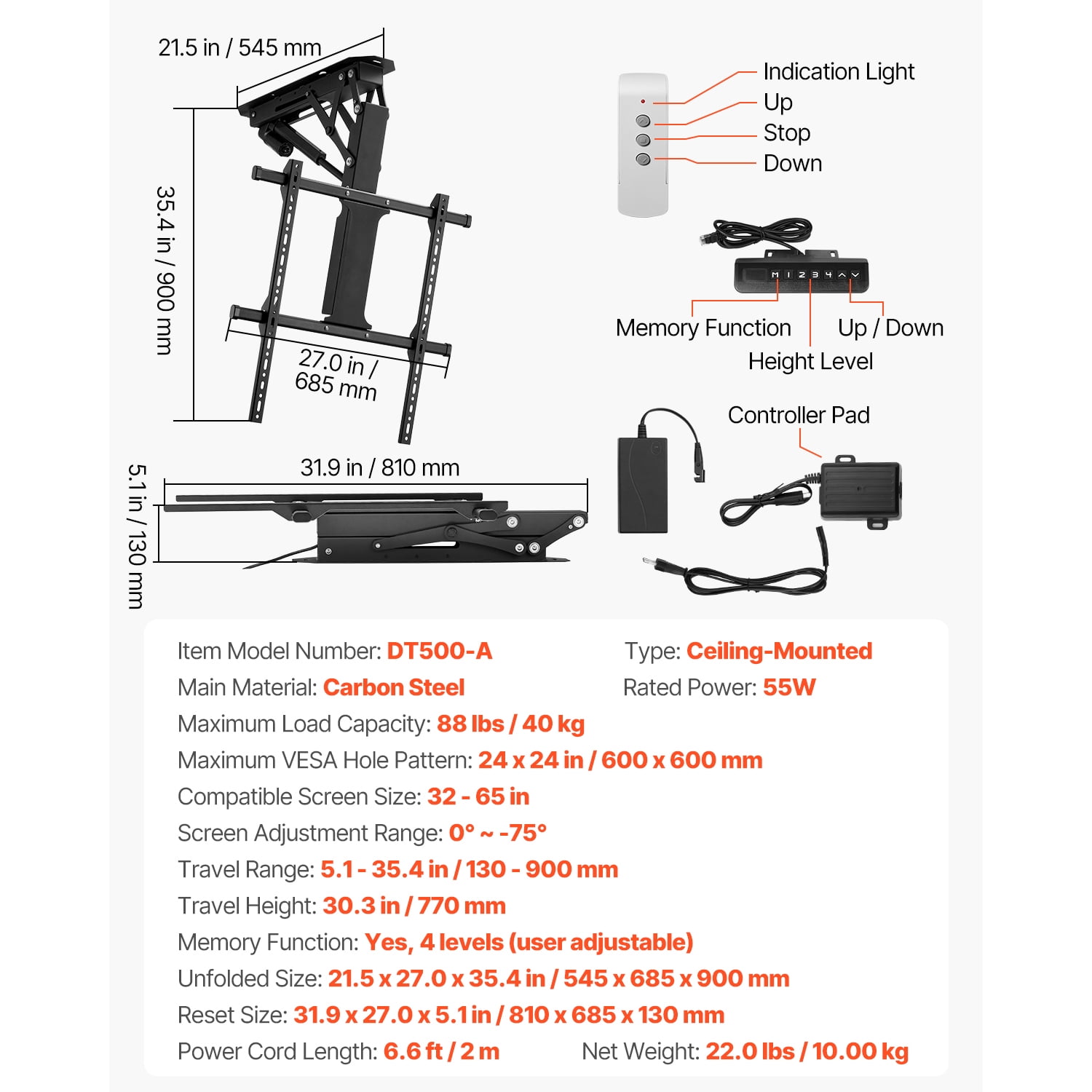 KFFKFF Automated TV Ceiling Mount, Wall Mount, Electrically Modifiable TV Ceiling Mount, Automated TV Lowering Bracket with Maximum VESA 24 x 24 in, Accommodates TVs Up to 88 lbs