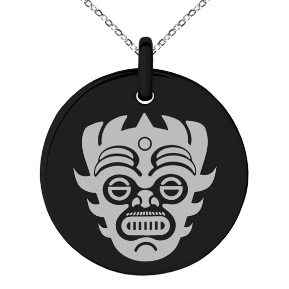 Stainless Steel Aztec Warrior Mask Rune Engraved Small Medallion Circle Charm Pendant Necklace