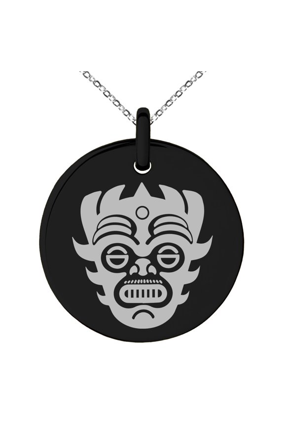 Stainless Steel Aztec Warrior Mask Rune Engraved Small Medallion Circle Charm Pendant Necklace