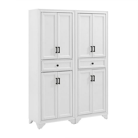 Bowery Hill Wood 4 Door Pantry Set in Distressed White (Set of 2)
