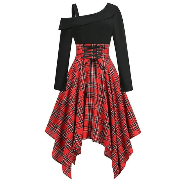 Pompotops Robe Rétro à Manches Longues Col Rond Taille Haute Style Gothique en Solde