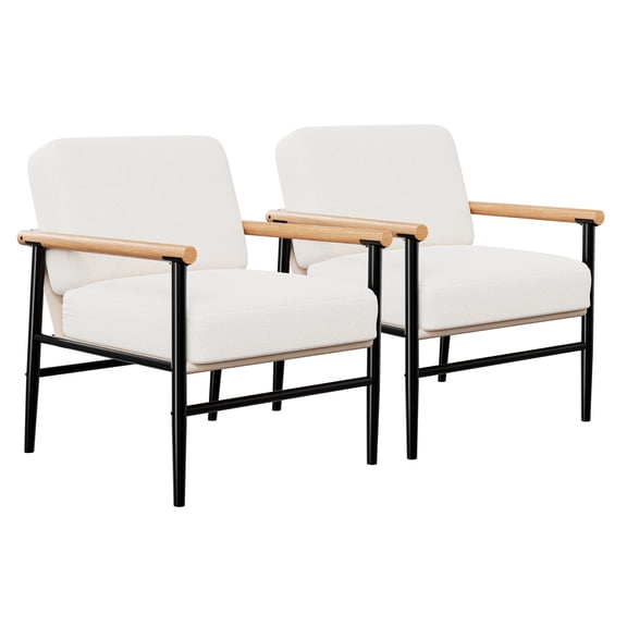 2PCS Modern Accent Chair, Accent Fleece Arm Chair for Living Room, Comfy Leather Armchair with Metal Legs for Bedroom Reception Waiting Room,White