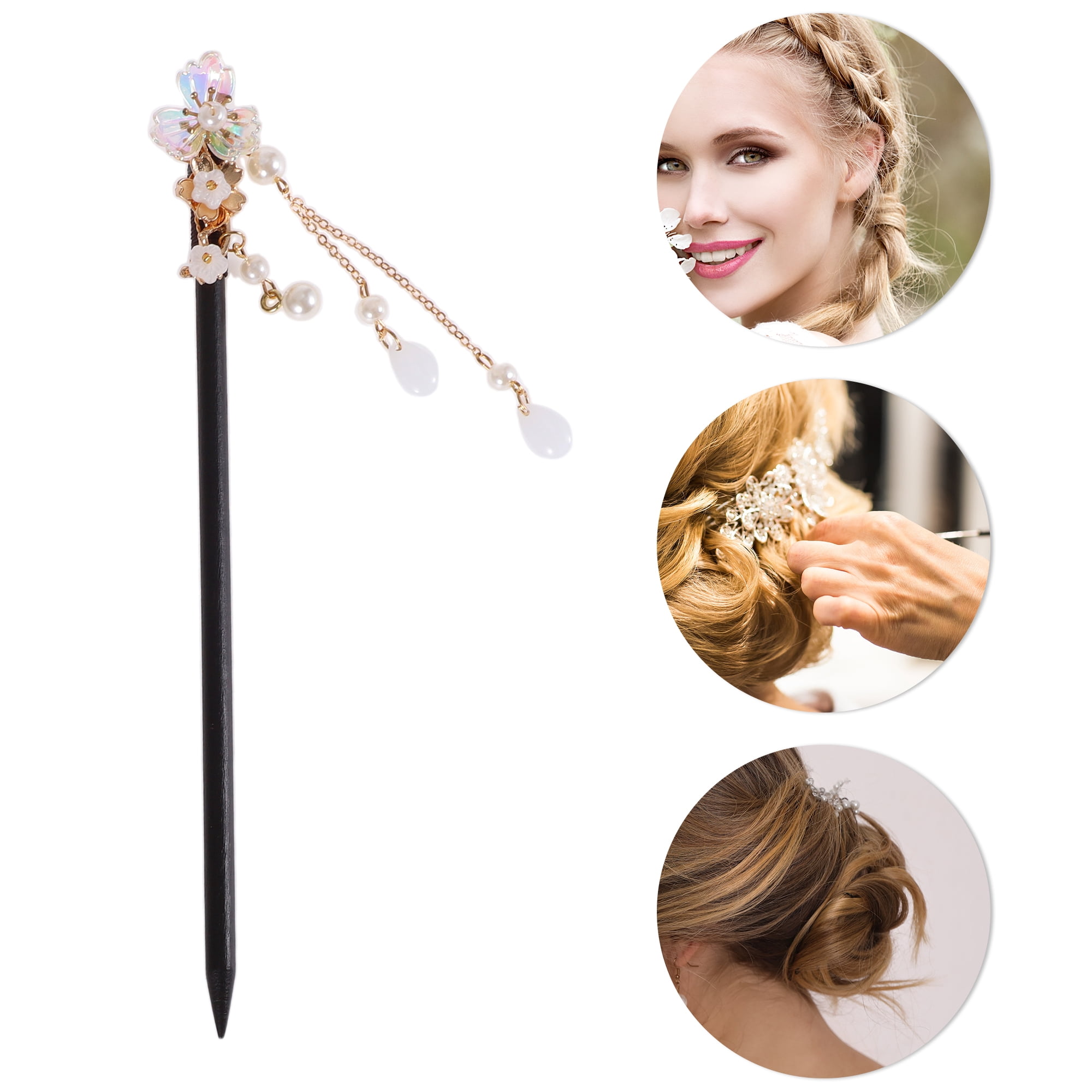 Unique Bargains Three-petal Flower Hair Chopstick for Women 1 Pc Black, Light Pink, White
