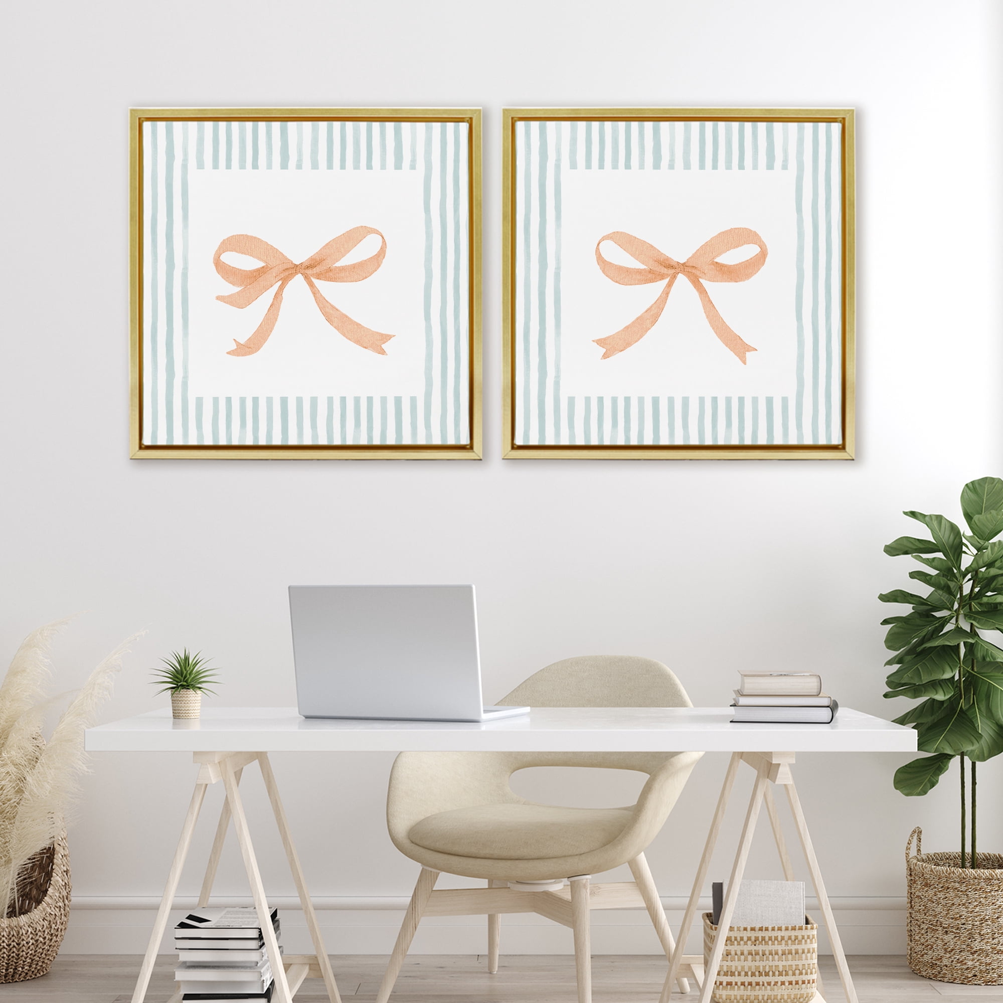 Stupell Industries Orange Bows and Blue Stripes 2 Piece Gold Framed Floater Canvas Set, design by Patricia Pinto