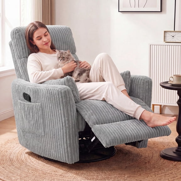 Vineego 360°Swivel Rocker Recliner Chair Armrest-Style Massage Recliner with Comfy High Back for Living Room,Corduroy Gray