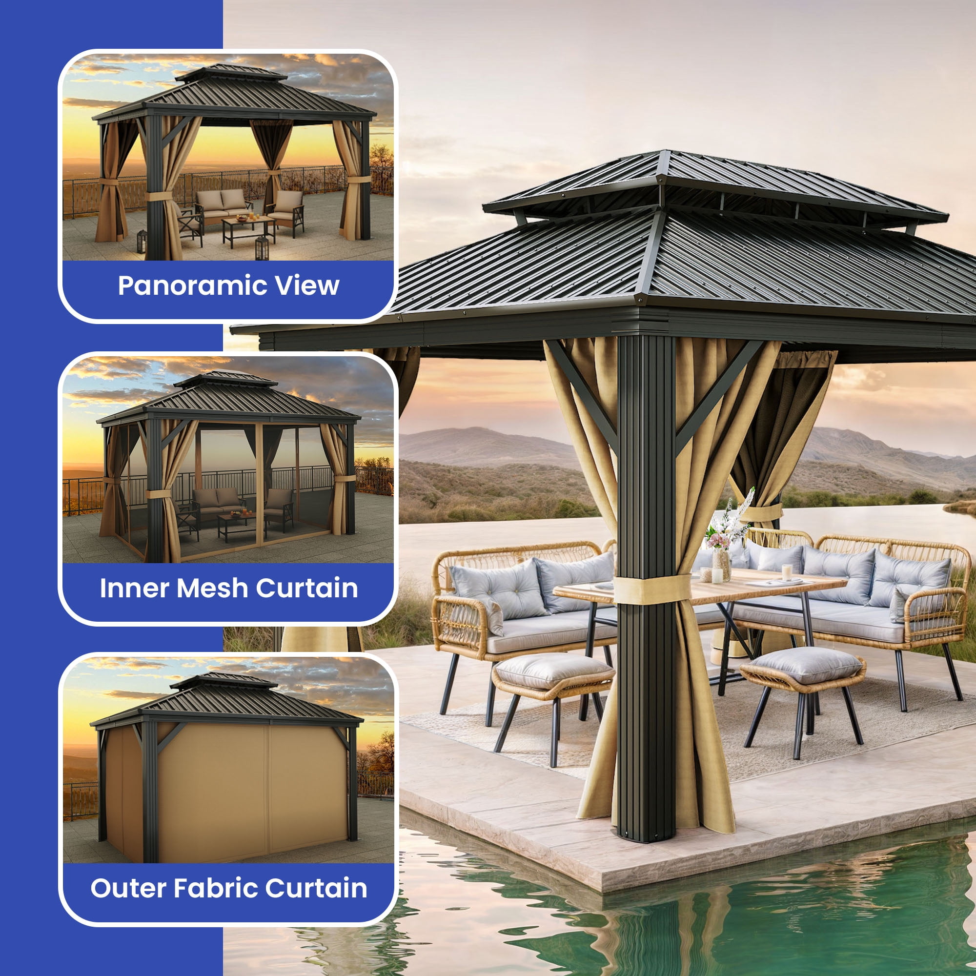 Dextrus 12x14ft Outdoor Hardtop Gazebo with Netting & Brown Curtains,Double Roof Outdoor Galvanized Iron Aluminum Frame Garden Tent for Patio, Backyard, Black&Brown