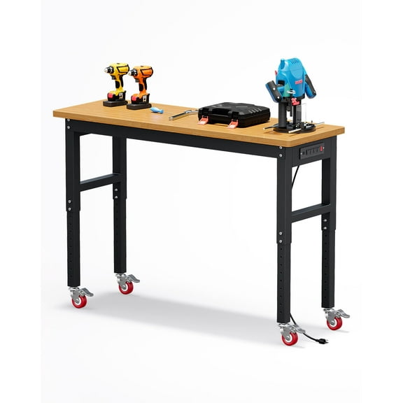 Riedhoff 10 Level Adjustable Height Workbench for Garage,60" Rubberwood Top Work Bench&Power Outlets