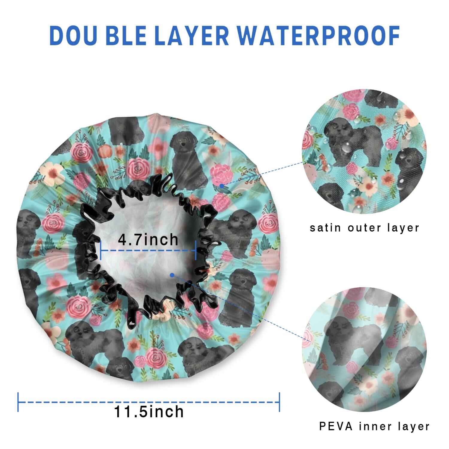 Shower Caps,Bichon Dog Blue Florals Waterproof Shower Cap for Women 4 Pieces,Double Reusable Hair Cover for Shower PEVA Elastic Stretch Hem