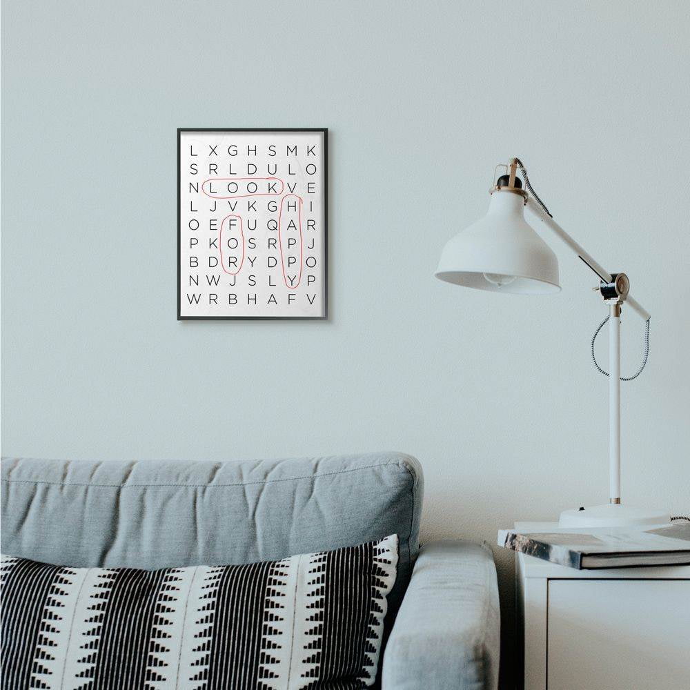 Stupell Industries Happy Crossword Family Home Inspirational Word Black And White Design Framed Giclee Texturized Art by Anna Quach