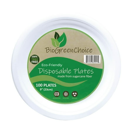BioGreenChoice White 9 in. Eco-Friendly Disposable Plates [100 count], Hefty & Heavy Duty Paper Plates for thanksgiving & events- Microwave safe