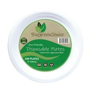 BioGreenChoice White 9 in. Eco-Friendly Disposable Plates [100 count], Hefty & Heavy Duty Biodegradable Paper Plates for thanksgiving & events- Microwave safe