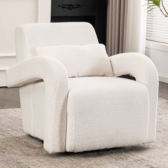 LoLado Cozy Teddy Fabric Upholstered Armchair, 360° Rotatable Modern Sturdy Lounge Chair with Curved Arms and Thick Cushioning for Living Room Bedroom, White
