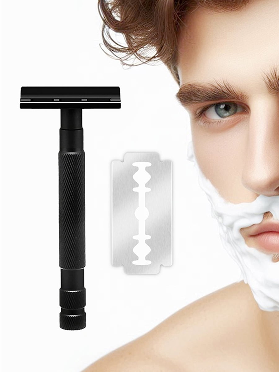 Waysh Classic Double Edge Safety Razor Gift Set for Men with Knurled Non-Slip Handle, Includes Stand & 20 Blades, Matte Black