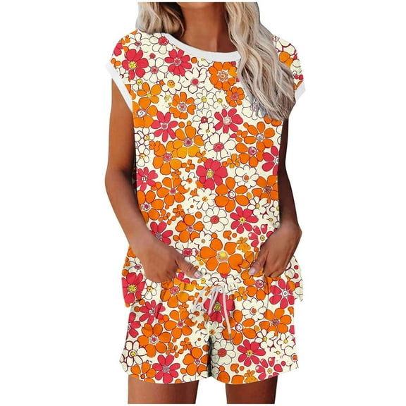 Lopecy-Sta Women Lounge Sets Summer Outfits Crewneck Women's Pajamas Set Floral Short Sleeve Pjs with Pockets Sleepwear Comfy Nightwear Casual Two Piece Tops and Shorts