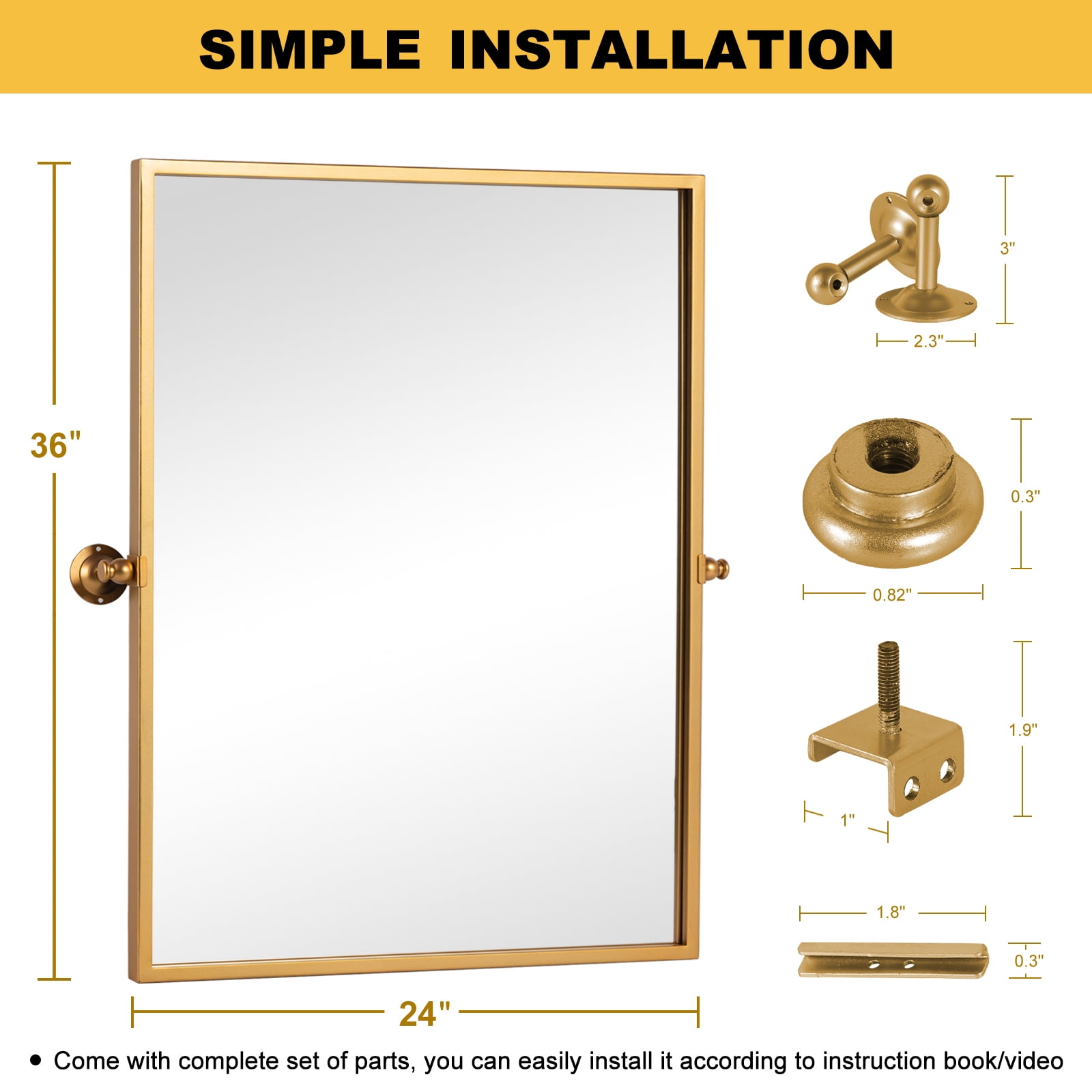 MAYEERTY 36"×24" Gold Iron Rectangular Wall Mirror Right Angles, Hardware, Durable Decor for Home