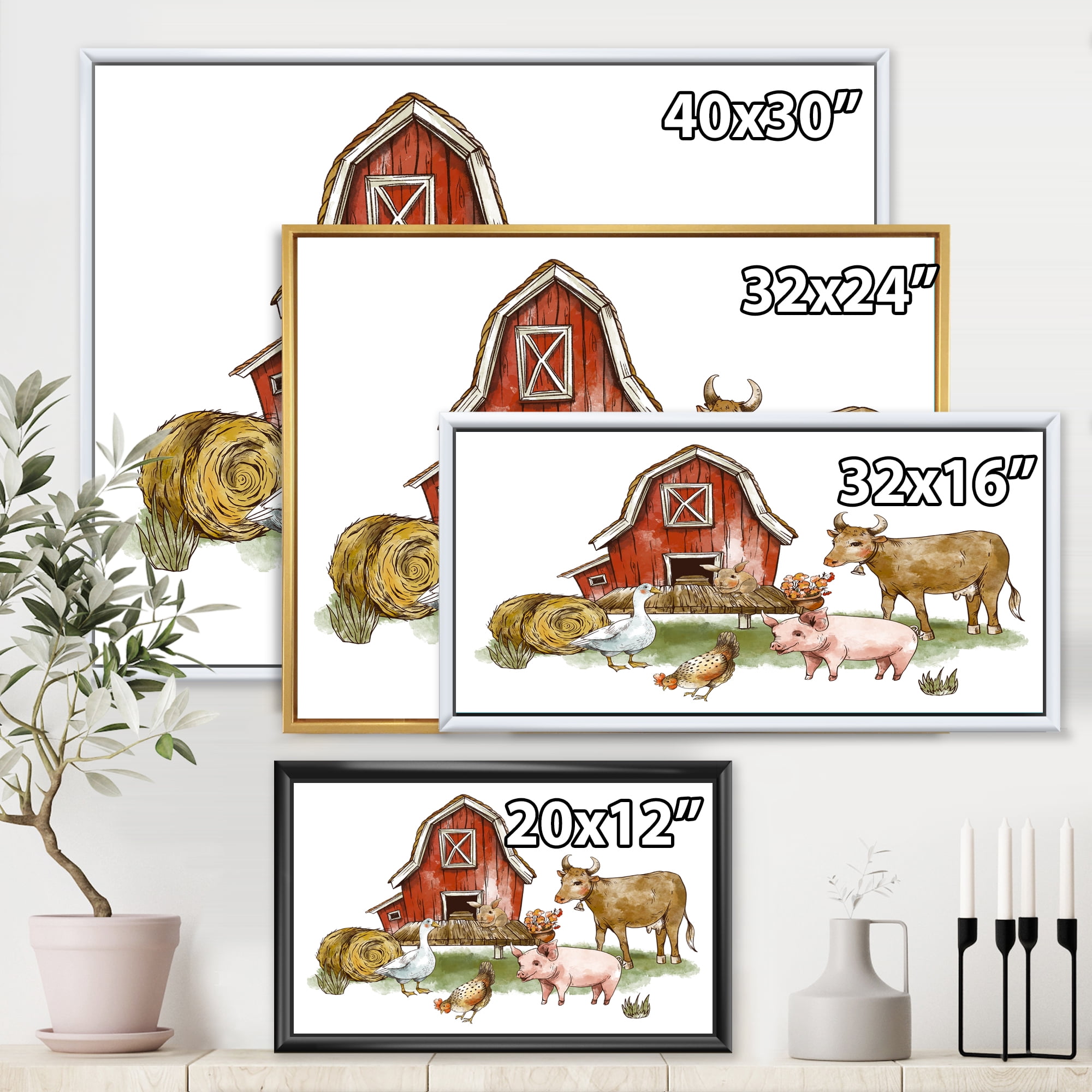 Designart 'Farm House With Goose Cow Pig Chicken and Haystack' Rustic Framed Canvas Wall Art Print