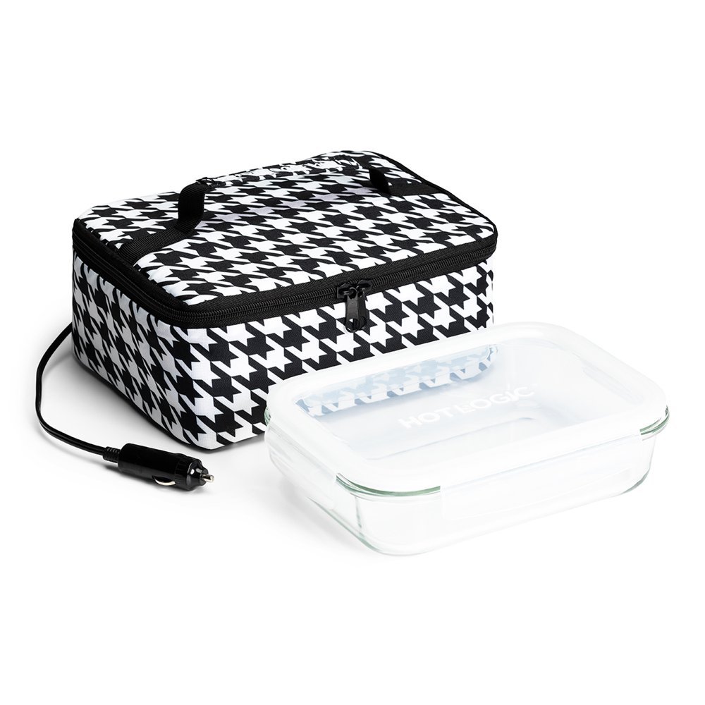 HOTLOGIC Food Warming Tote, Lunch Bag 12V with Glass Dish, Houndstooth