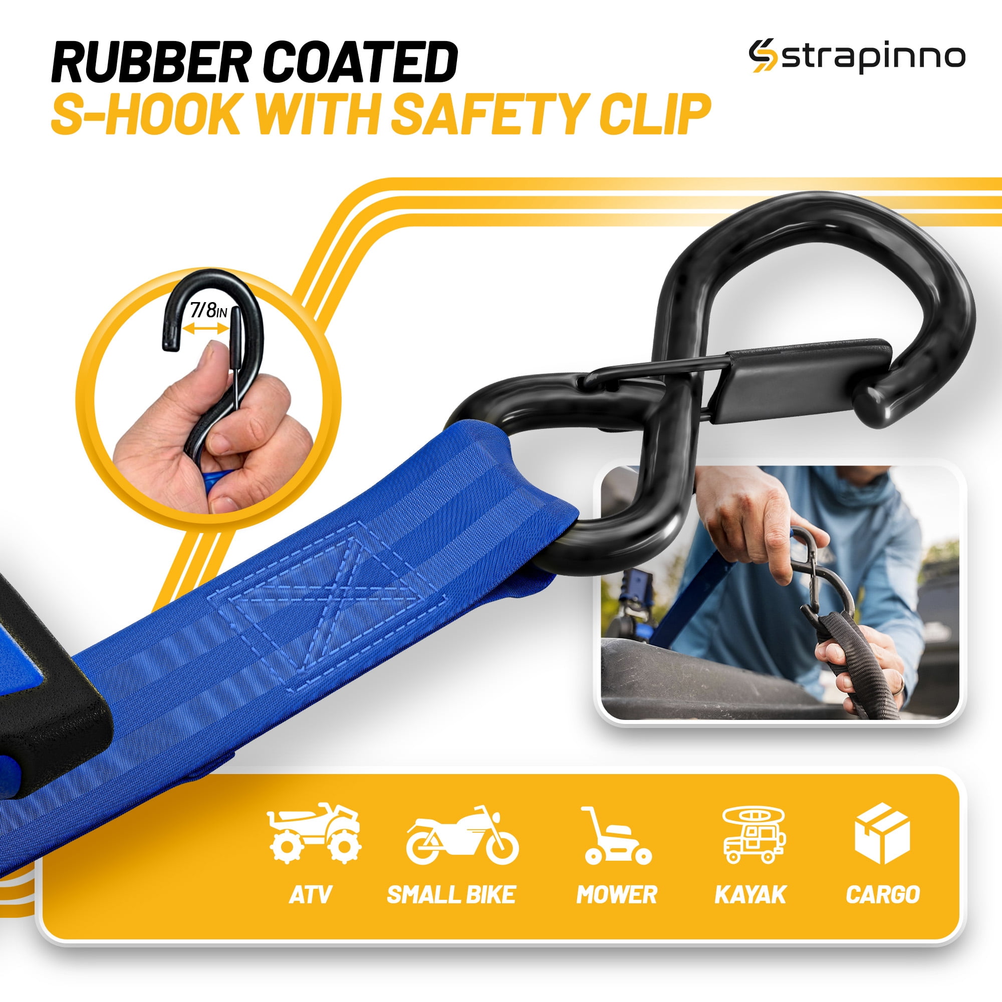 Strapinno Retractable Ratchet Straps 1 in x10ft, with Rubber-Coated Handles, S-Hooks, Secure Cargo Tie-Downs for Motorcycles, Bikes & Daily Use, Breaking Strength -1,500LBS/680KG (4 PK, Blue)