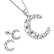 925 Sterling Silver Clear CZ Moon Crescent Pendant Necklace Stud Earrings Set, 18"