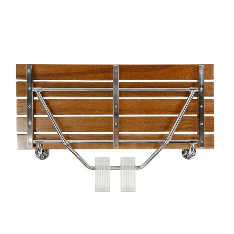 Folding Shower Bench - Wall Mounted Teak Wood Seat For Elderly & Adults