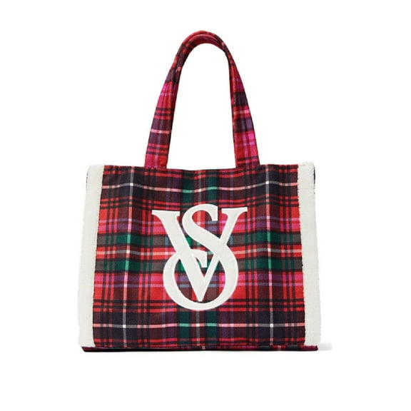 Victoria’s Secret VS Limited edition 2022 holiday Fleece Trim Plaid Tote Bag NWT