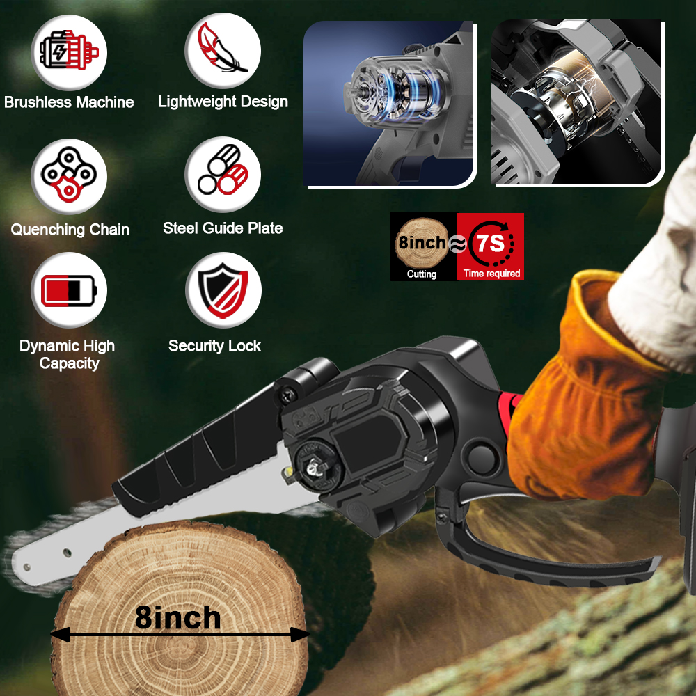 Cordless 8 Inch Electric Chainsaw, Brushless Electric Chainsaws with 1 Batteriy & 2 Chains, Portable Chainsaw for Tree Trimming, Wood Cutting