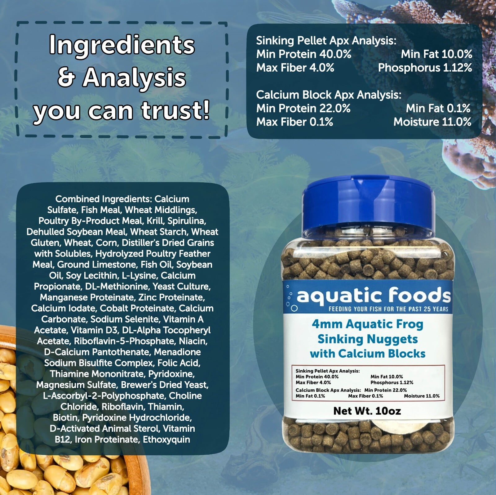 Aquatic Frog, 4mm-3/16" Sinking 40% Protein Nuggets With Calcium Feeders for Aquatic Frogs, Snails, Shrimp, All Tropical Fish 2-lbs Jar