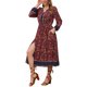 thumbnail image 4 of Vestido midi de verano con cuello en V, mangas largas, cintura elástica y corte A de flores chic para mujer, XS, marrón, 4 of 5
