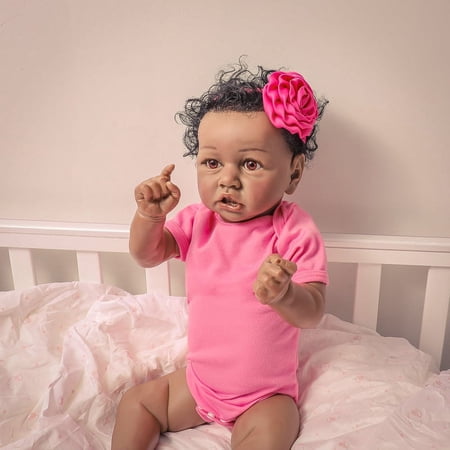 22 Inch Full Body Silicone Reborn Baby Dolls Newborn Realistic Handmade Reborn Dolls with Black Skin & Pink Clothes Children Gift Accompany for Birthday Christmas