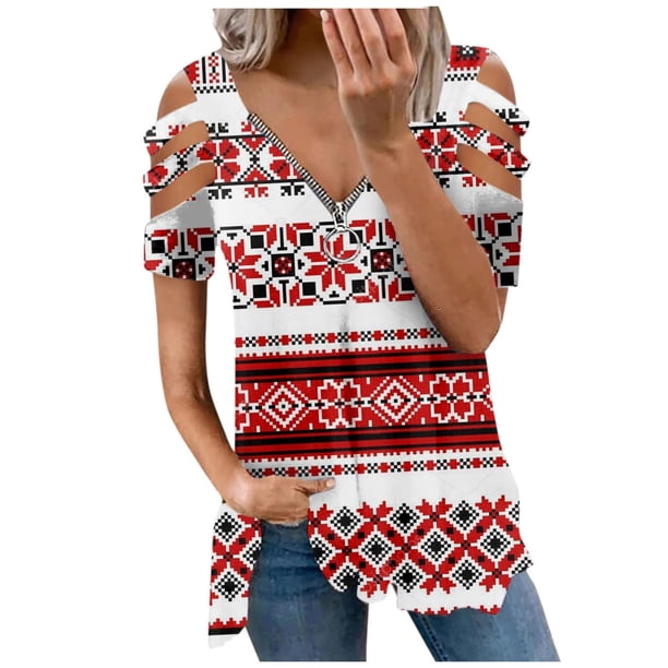 Blusa de manga corta con cuello en V y cremallera suelta para mujer OAVQHLG3B Store lin121212