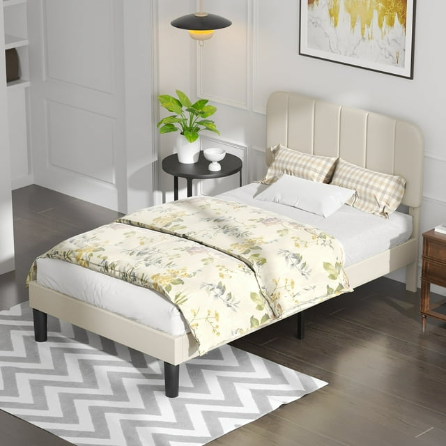 VECELO Twin Size Bed Frame with Upholstered Adjustable Headboard, Wooden Slats Support/No Box Spring Needed, Beige