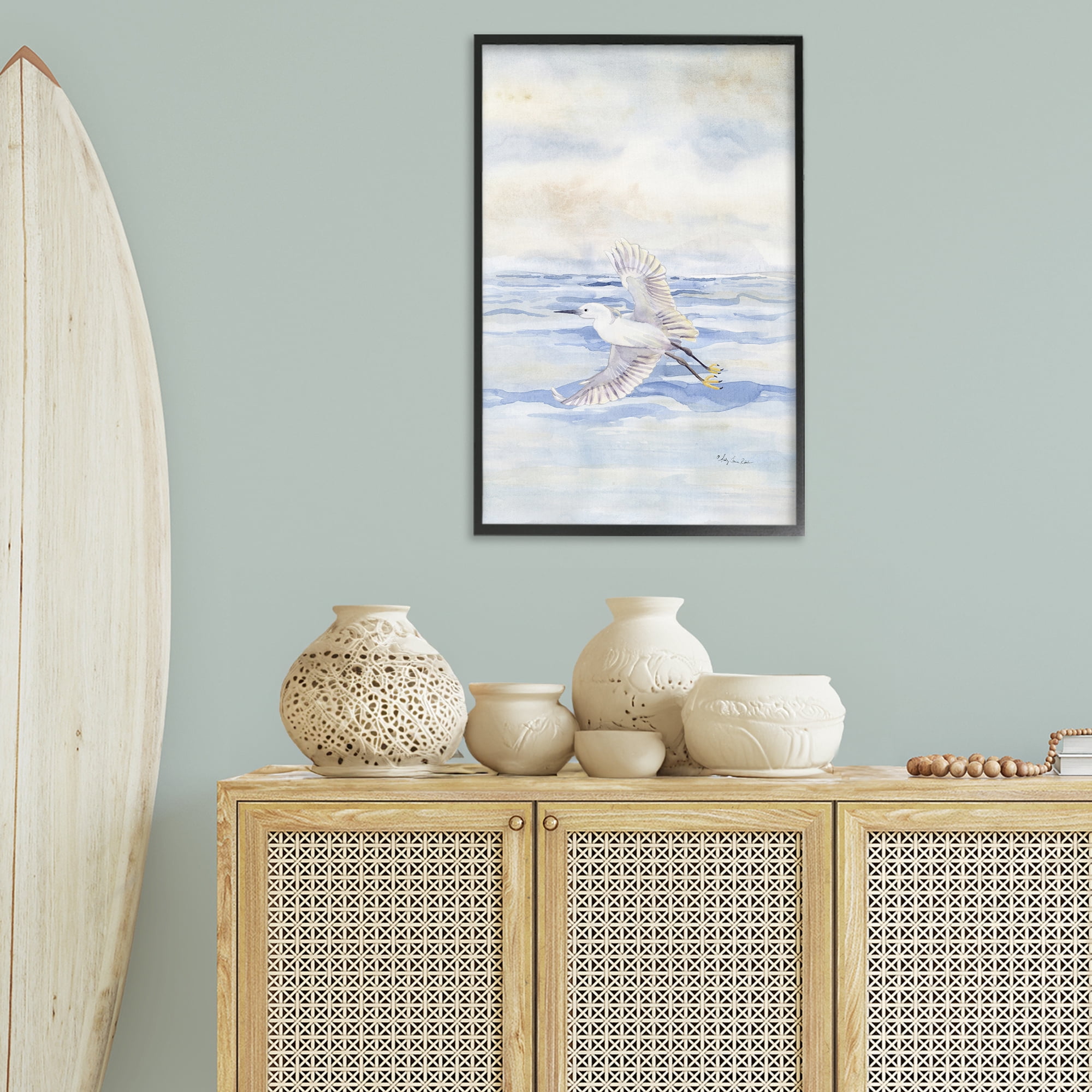 Stupell Industries Flying Heron Over Water Landscape Painting Black Framed Art Print Wall Art, 20 x 30