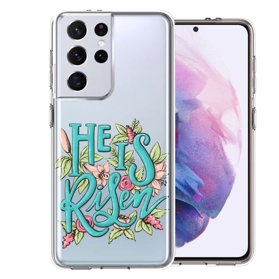 MUNDAZE for Samsung Galaxy S21 Ultra He Is Risen Text Easter Jesus Christian Flowers Double Layer Phone Case Cover