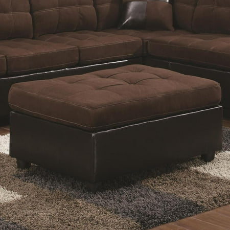 Chocolate Brown Finish Wood - Transitional Faux Leather and Wood Ottoman With Tufting, Chocolate Brown