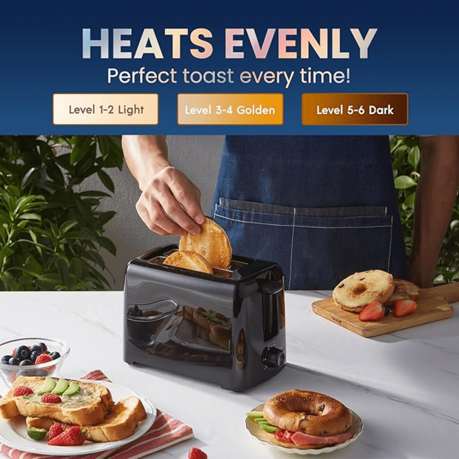 Compact Cool Touch Toaster, 6 Customizable Browning Levels, 1.25" Wide Slots for Bagels, Waffles, Pastries, Snacks, 2 Slices, Black
