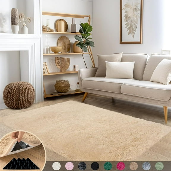 3x5 Rugs for Bedroom, Fluffy Area Rugs for Living Room, Soft Shag Kids Rug Small Carpet with 4 Non-Slip Rug Pads (Light Tan, 3ft x 5ft)