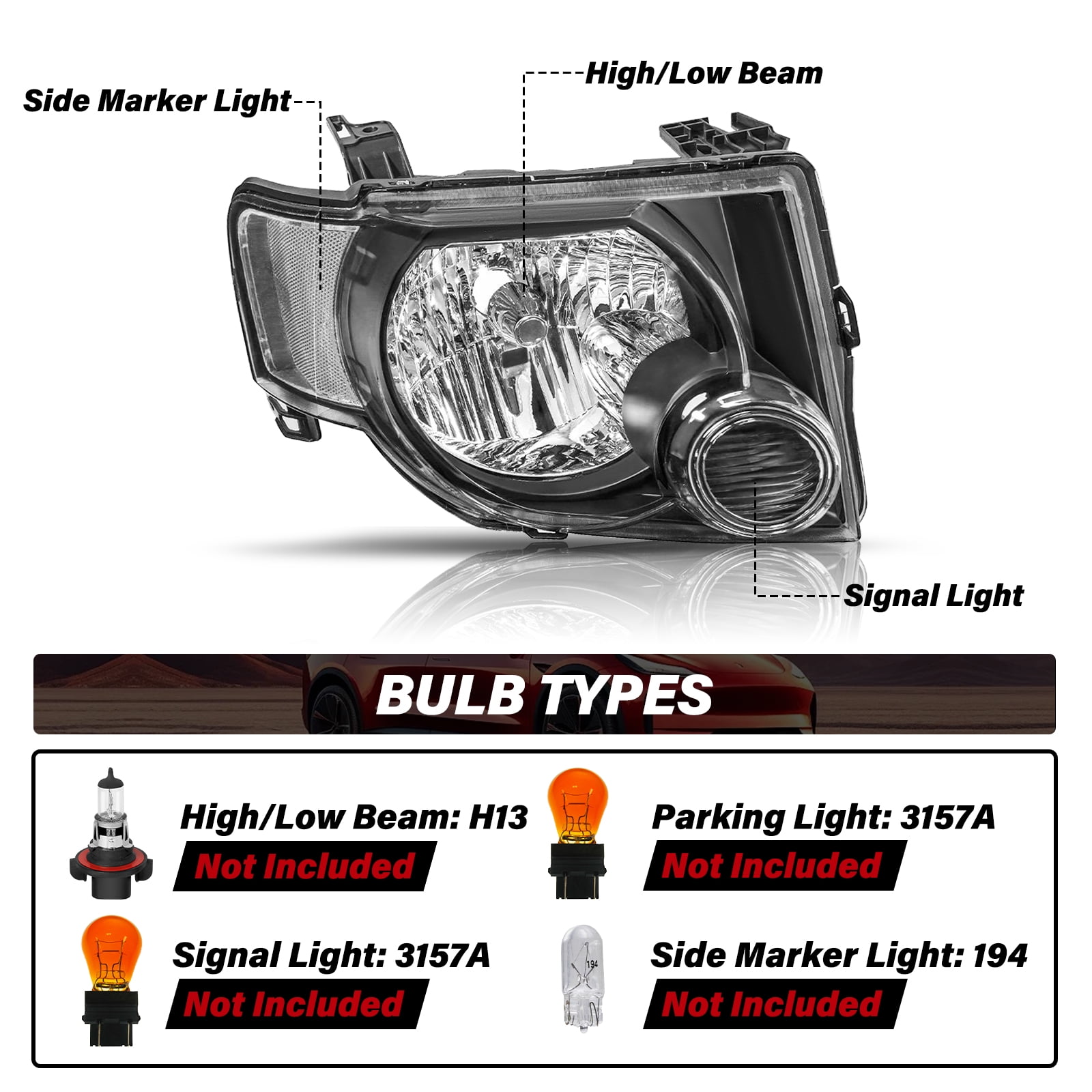 For 2008 2009 2010 2011 2012 Ford Escape SUV Black Headlights Headlamps Pair