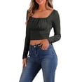 thumbnail image 4 of INSPIRAR CHIC Blusa Casual de Cuello Cuadrado con Fruncidos de Manga Larga Ajustada y Cortada en Color Negro Talla L, 4 of 5