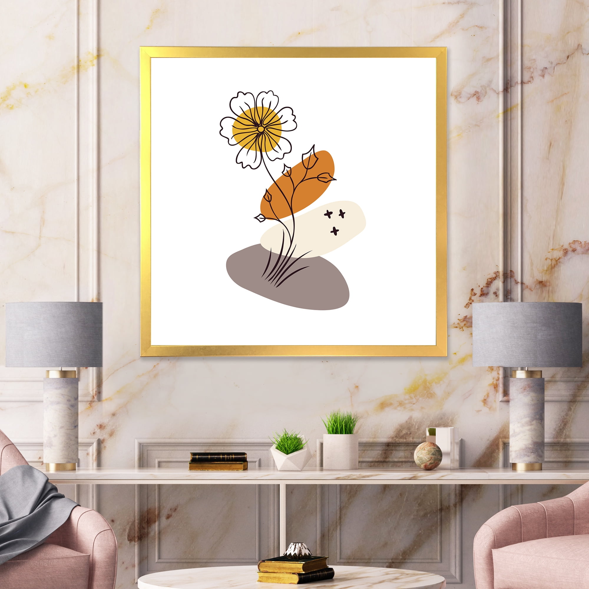 Designart 'Abstract Minimal Shapes Under Flowers I' Modern Framed Art Print