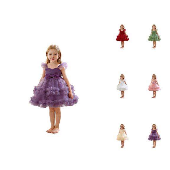 Girls Party Dress with Bow, Tiered Tulle Tutu Gown, Flutter Sleeves Formal Flower Girl Dress for Wedding Birthday Pageant Performance