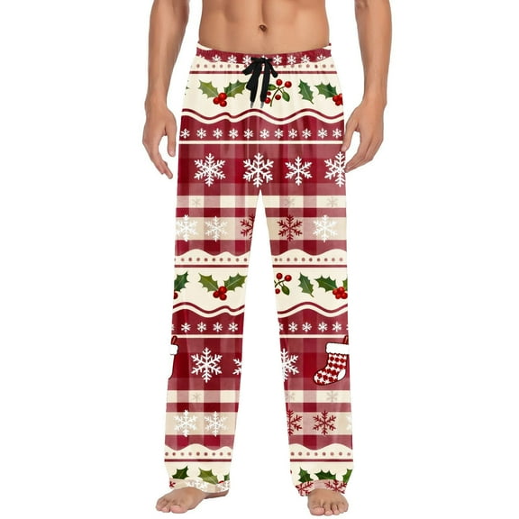 Mgmyaa Men's Christmas Print Straight-Leg Sleep Pants, Drawstring Elastic Waist Pajama Pants with Pockets