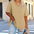thumbnail image 4 of Fartey Plus Size Oversized T Shirts for Women 2025 Summer Half Sleeve V Neck Tops Loose Casual Drop Shoulder Tshirt Fashion Y2K Solid Color Tees Khaki L, 4 of 6