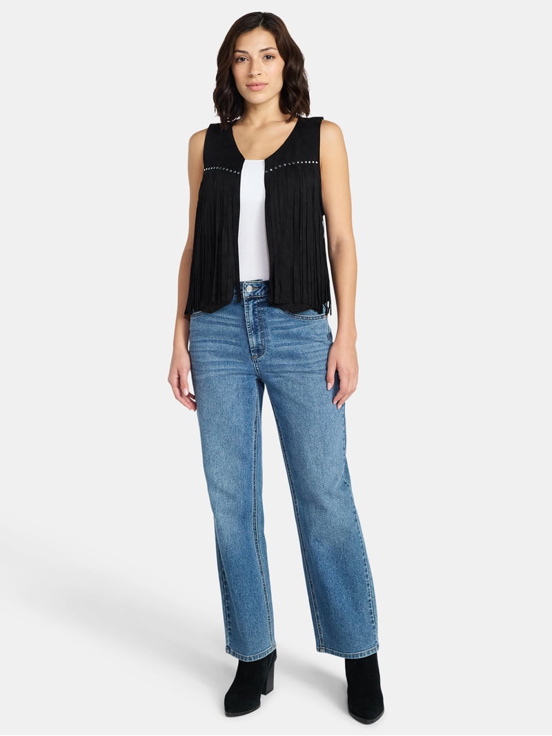 Madden NYC Women's Faux Suede Fringe Vest, Black, Sizes S-XL