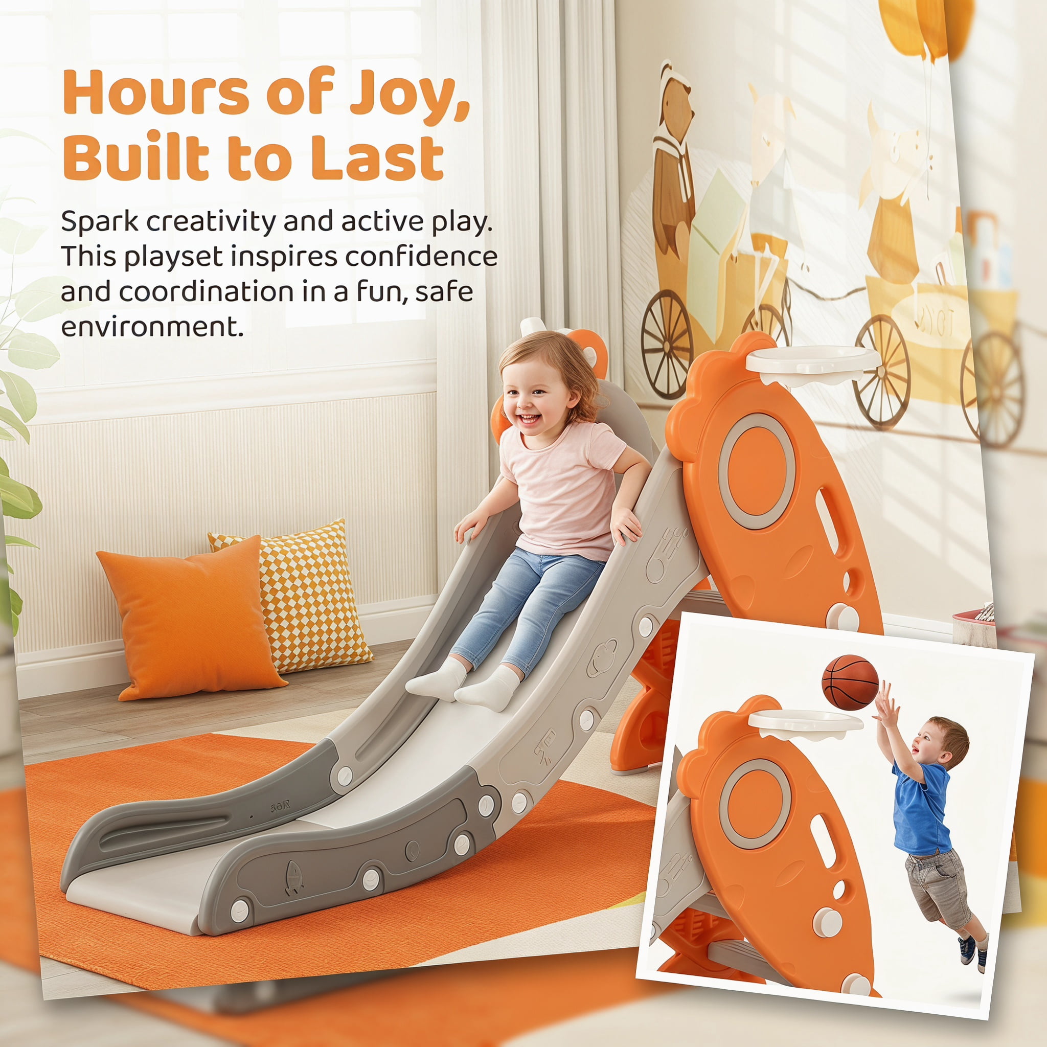 Kadyn Toddler Slide Kids Slide, 4 in 1 Indoor Slide for Kids Age 3+ Years with Basketball Hoop and Rings, Orange