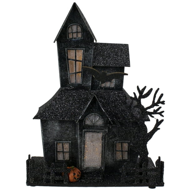 10.25" Glittered Black LED Lighted Halloween Haunted House